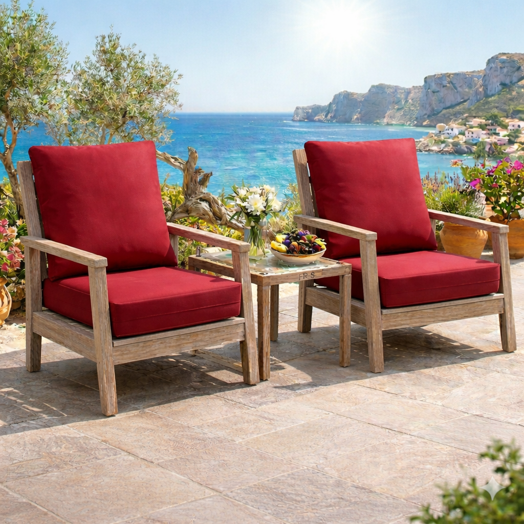 Red outdoor cushion chairs on a seaside patio